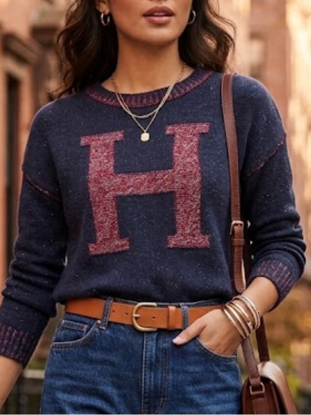 Tommy Hilfiger Varsity Knit Monogram Crewneck Sweater H letter retro XS